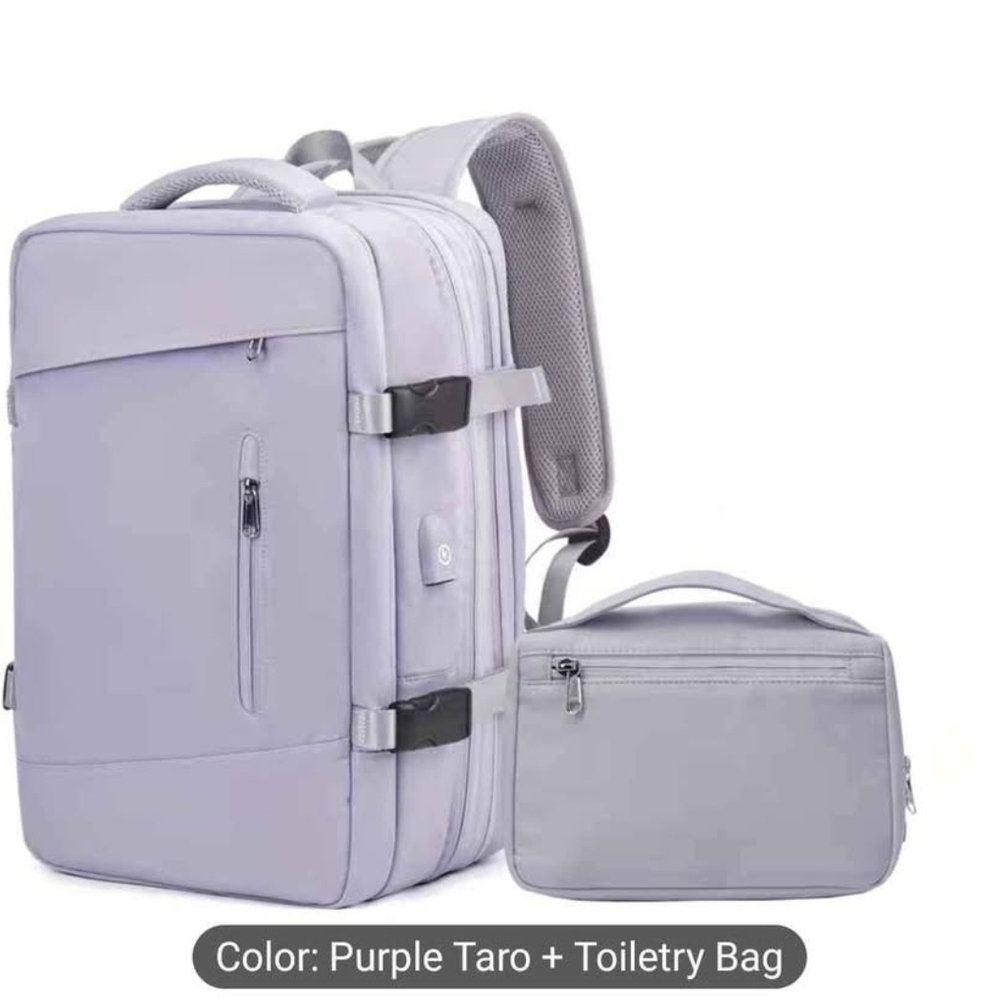 Expandable Travel luggage backpack with toiletries bag in purple